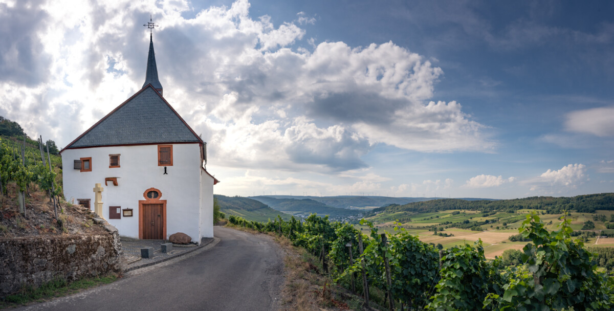 Blick auf die Paulskirche, vorbeilaufende Straße, Weinberge, wolkiger Himmel