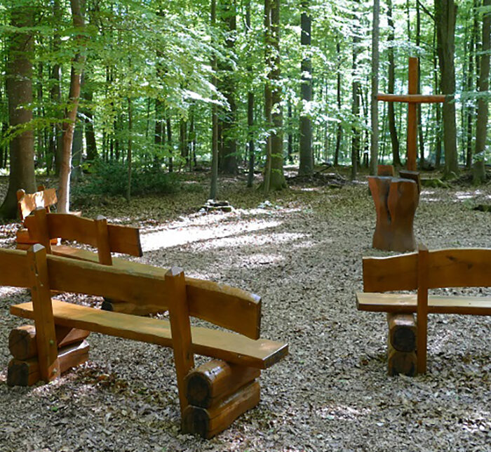 Andachtsplatz im Ruheforst Mittelmosel Lieser mit Holzbänken im Wald mit Buchen- und Eichenbäumen